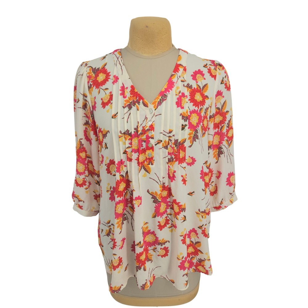 Rose +‎ Olive Blouse Womens 1X Floral Pleated V-Neck Lightweight Casual Garden